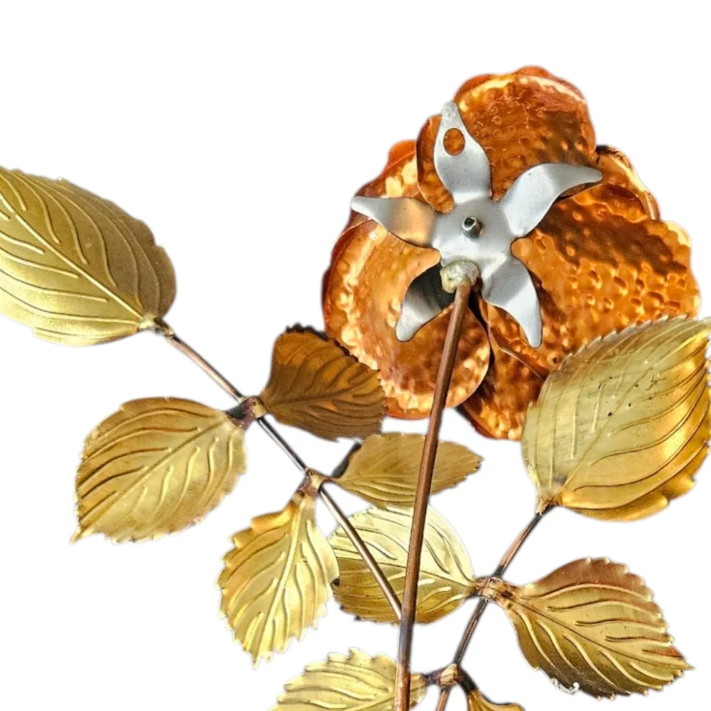 HOMCO Vintage Copper Brass 14” Long Stem Rose/Leaves 3D Metal